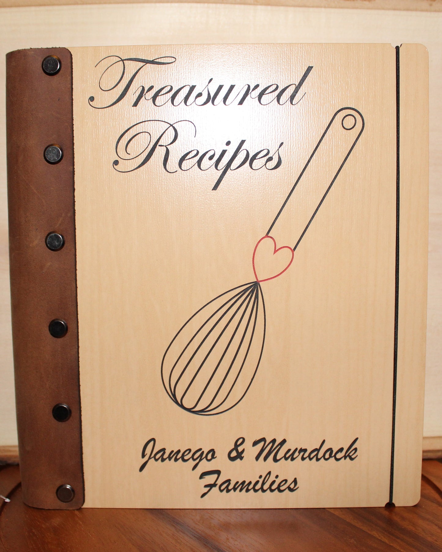Treasured Recipes Wooden Cookbook with Leather Binding- Personalization options available - Half Legal A5 size book for 4x6 recipe cards