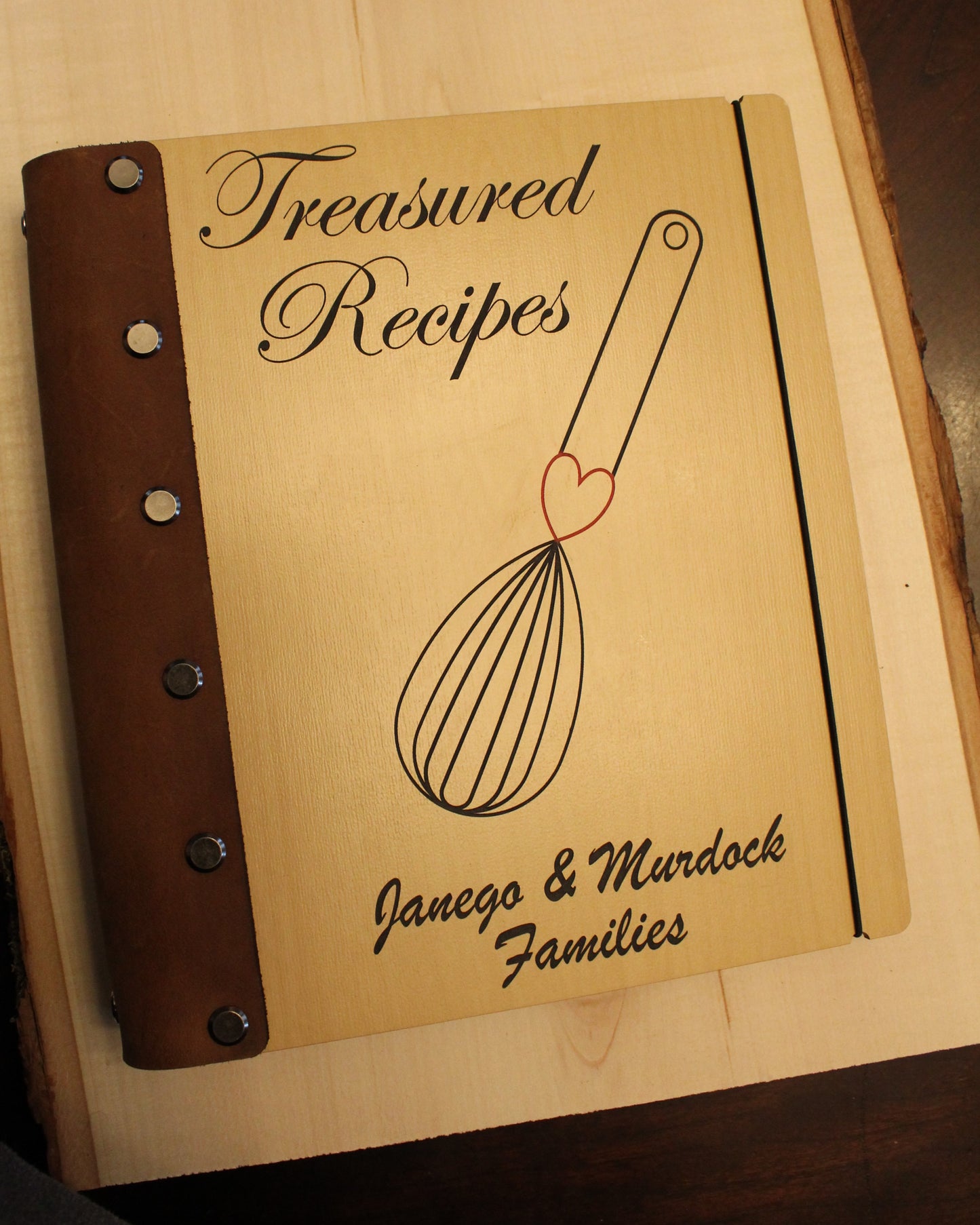 Treasured Recipes Wooden Cookbook with Leather Binding- Personalization options available - Half Legal A5 size book for 4x6 recipe cards