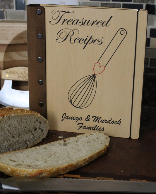 Treasured Recipes Wooden Cookbook with Leather Binding- Personalization options available - Half Legal A5 size book for 4x6 recipe cards