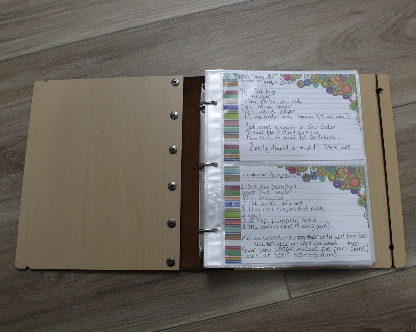 Mom's Recipes Wooden Cookbook with Leather Binding- Personalization options available - Half Legal A5 size book for 4x6 recipe cards