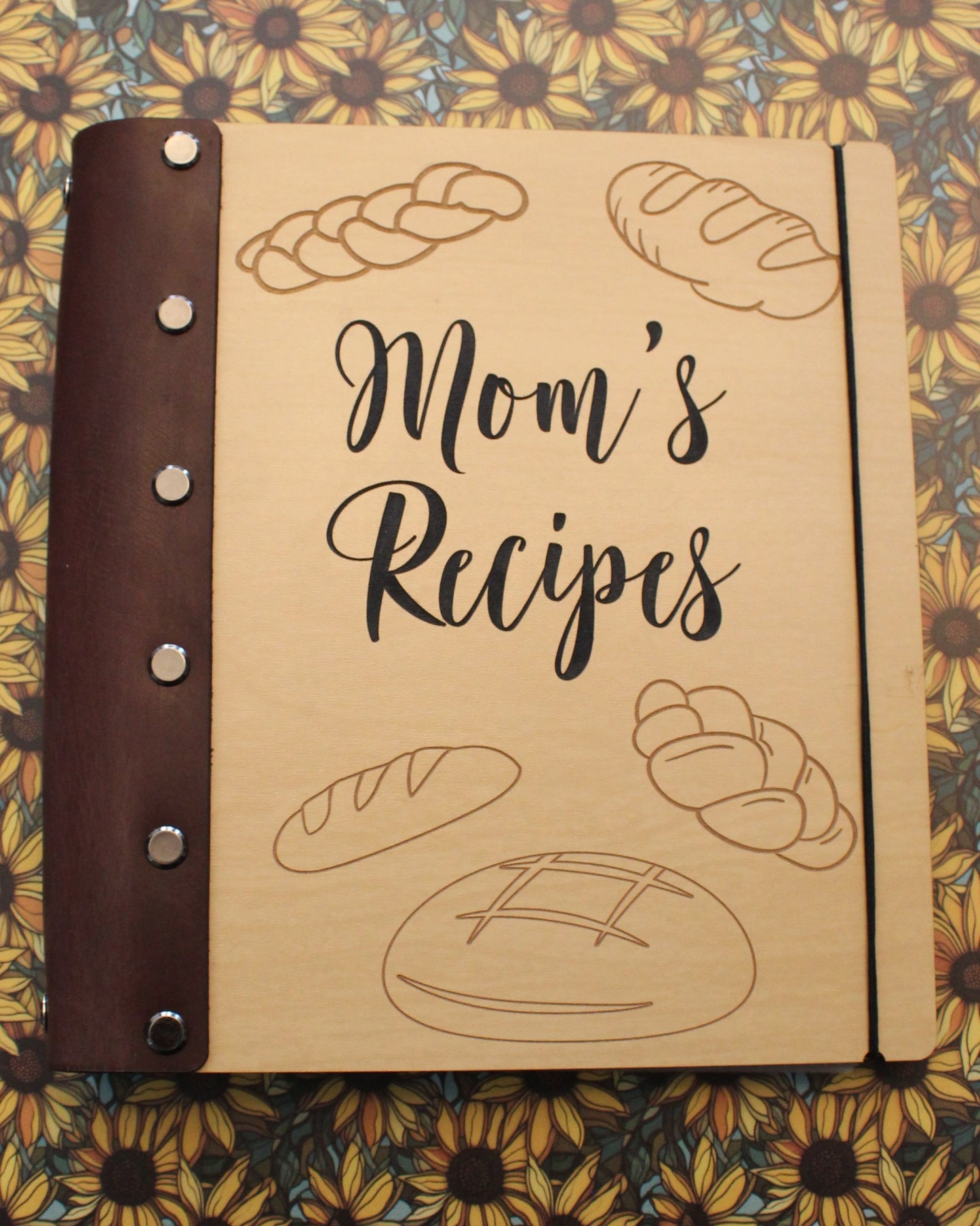 Mom's Recipes Wooden Cookbook with Leather Binding- Personalization options available - Half Legal A5 size book for 4x6 recipe cards
