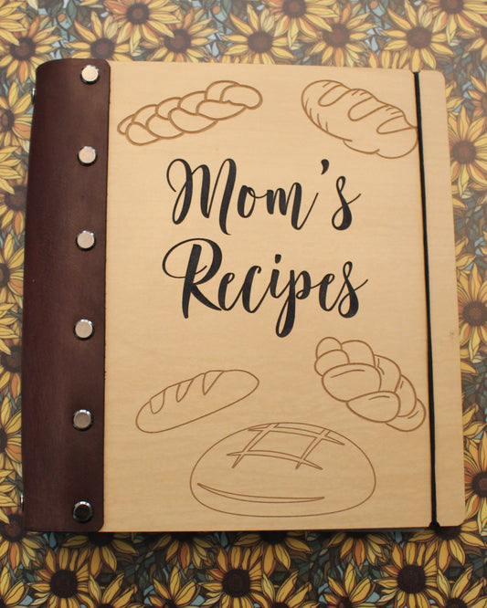 Mom's Recipes Wooden Cookbook with Leather Binding- Personalization options available - Half Legal A5 size book for 4x6 recipe cards