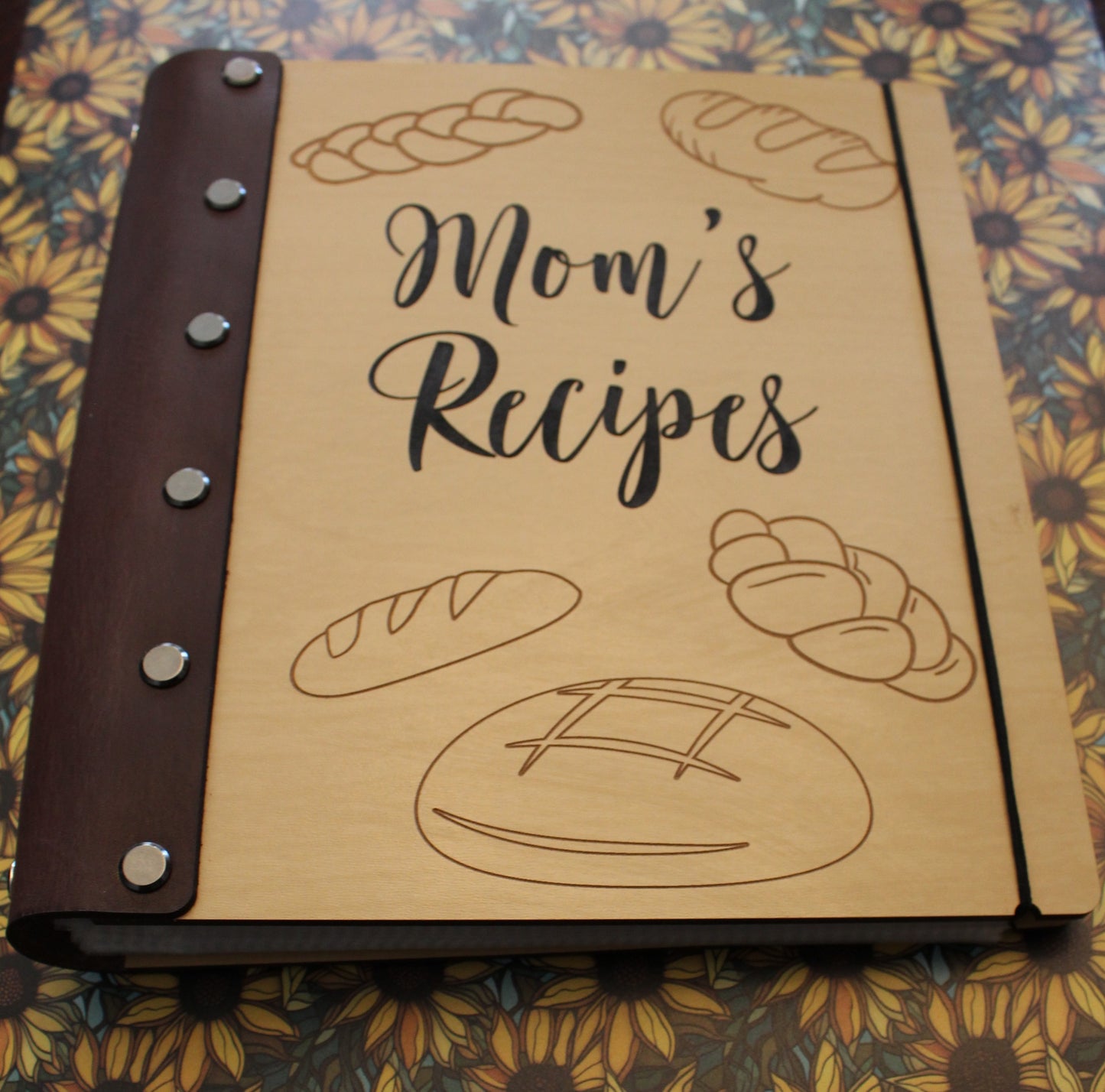 Mom's Recipes Wooden Cookbook with Leather Binding- Personalization options available - Half Legal A5 size book for 4x6 recipe cards