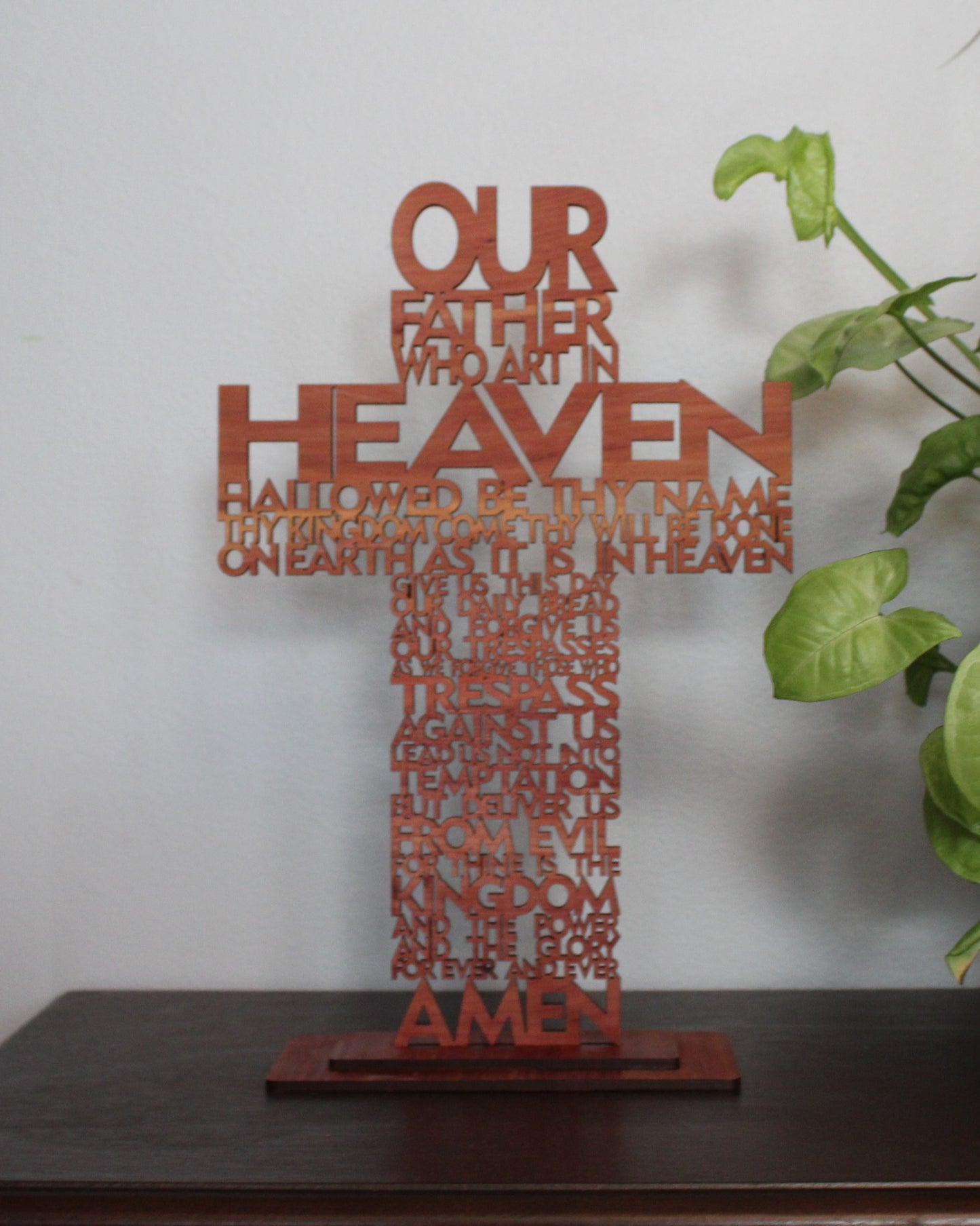 Our Father Cross Wooden Decor with Base Stand Lord's Prayer