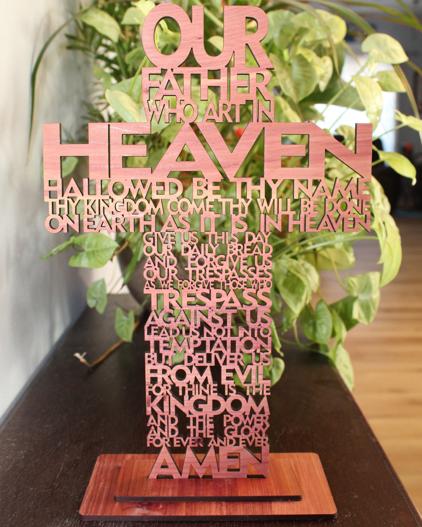 Our Father Cross Wooden Decor with Base Stand Lord's Prayer