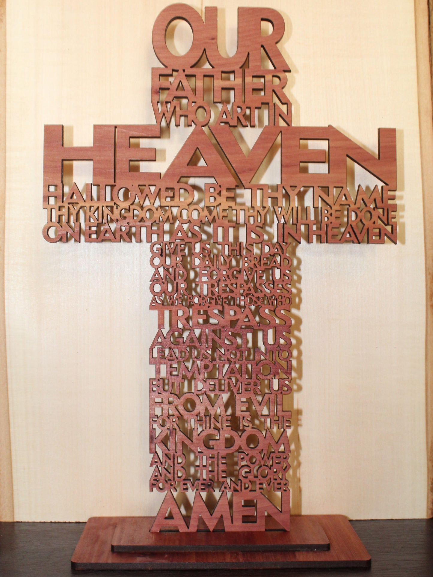 Our Father Cross Wooden Decor with Base Stand Lord's Prayer