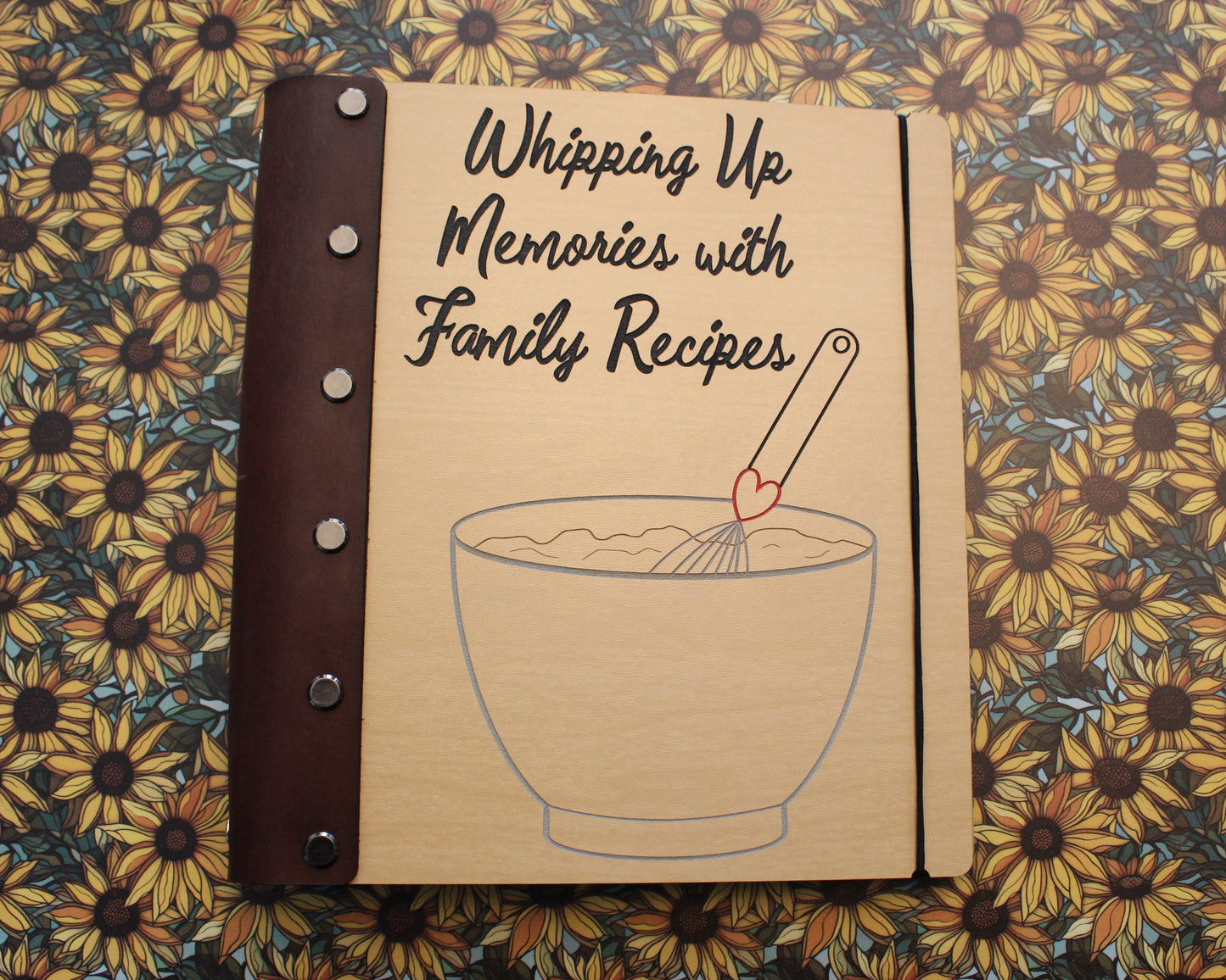 Whipping Up Memories with Family Recipes Leather Bound Wooden Cookbook- Personalization available, Half Legal A5 size book, 4x6 recipe cards