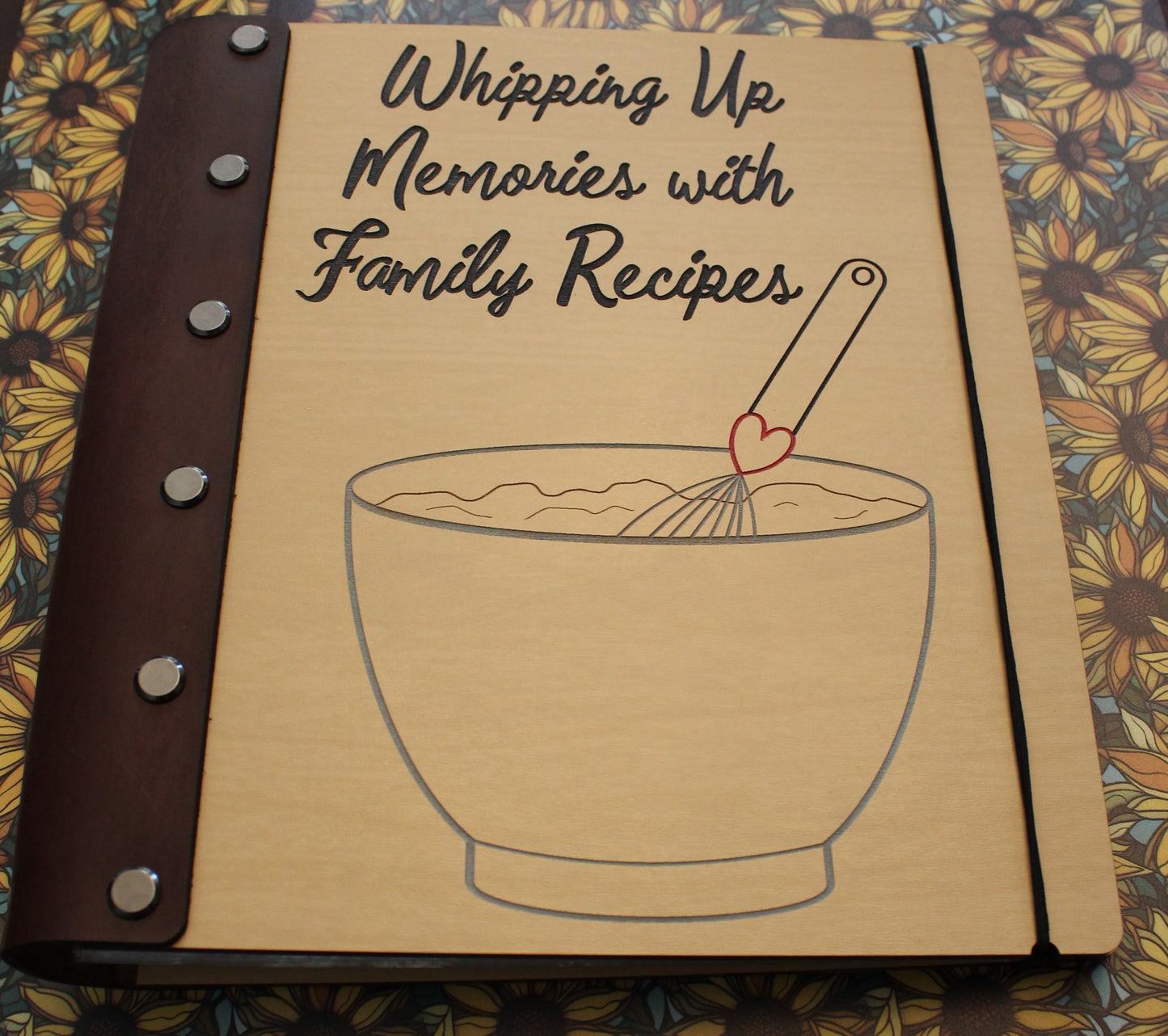 Whipping Up Memories with Family Recipes Leather Bound Wooden Cookbook- Personalization available, Half Legal A5 size book, 4x6 recipe cards