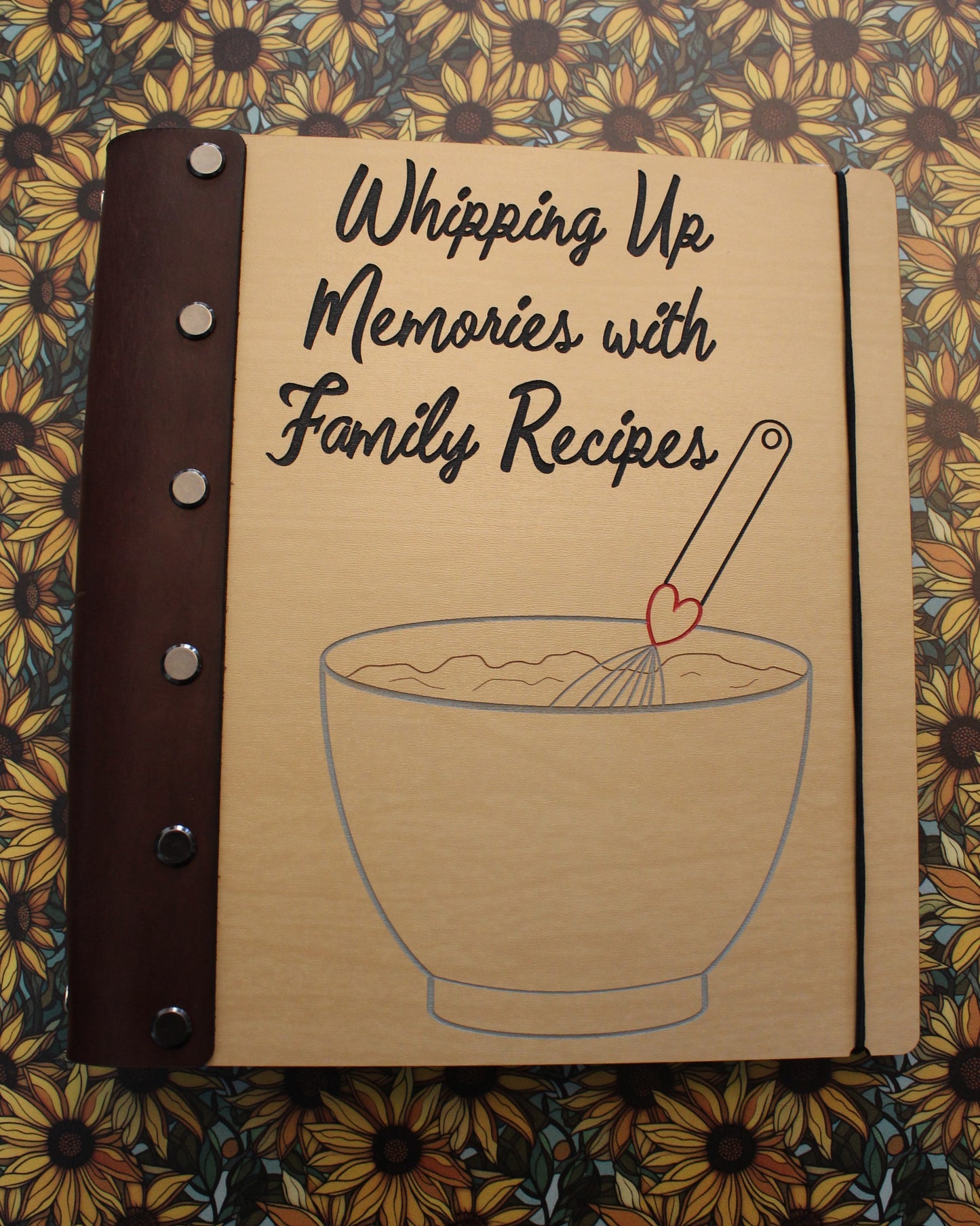 Whipping Up Memories with Family Recipes Leather Bound Wooden Cookbook- Personalization available, Half Legal A5 size book, 4x6 recipe cards